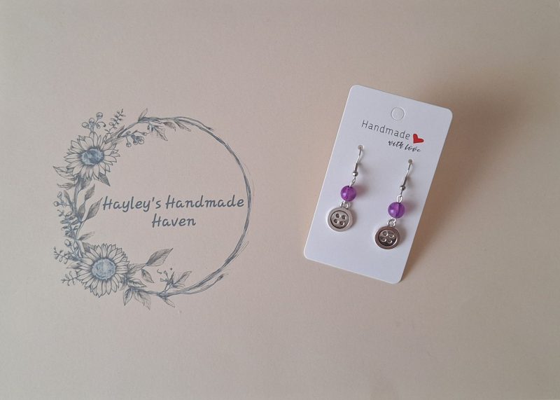 Handmade Silver Button Drop Earrings with Purple Beads. Quirky Craft Jewellery