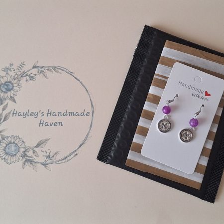 Handmade Silver Button Drop Earrings with Purple Beads. Quirky Craft Jewellery