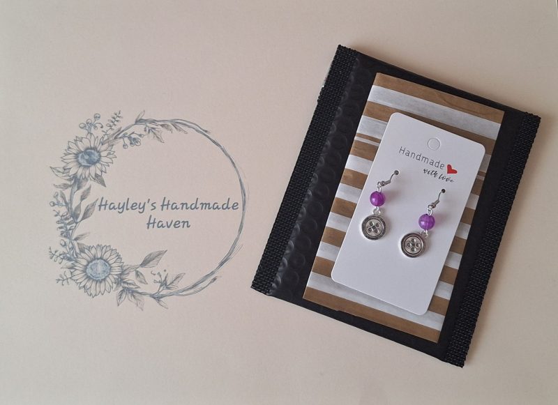 Handmade Silver Button Drop Earrings with Purple Beads. Quirky Craft Jewellery
