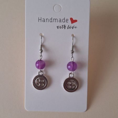 Handmade Silver Button Drop Earrings with Purple Beads. Quirky Craft Jewellery
