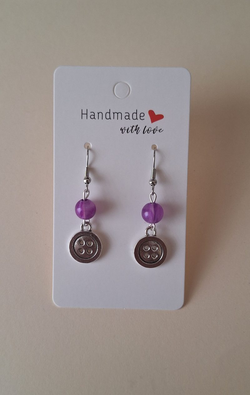 Handmade Silver Button Drop Earrings with Purple Beads. Quirky Craft Jewellery