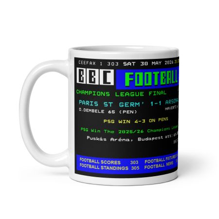 PSG Victory Mug – White Ceramic 11oz Retro Teletext Football Final Banter Mug