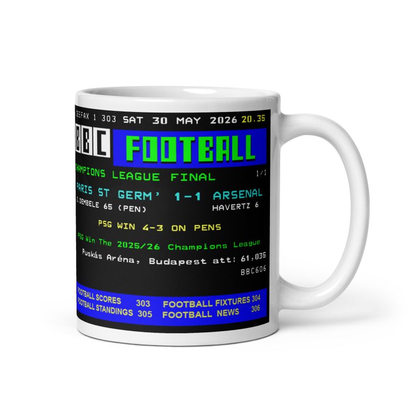 PSG Victory Mug – White Ceramic 11oz Retro Teletext Football Final Banter Mug