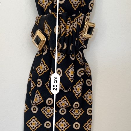 Handmade black silk necktie with a gold and white geometric pattern and decorative gold accents necktie.