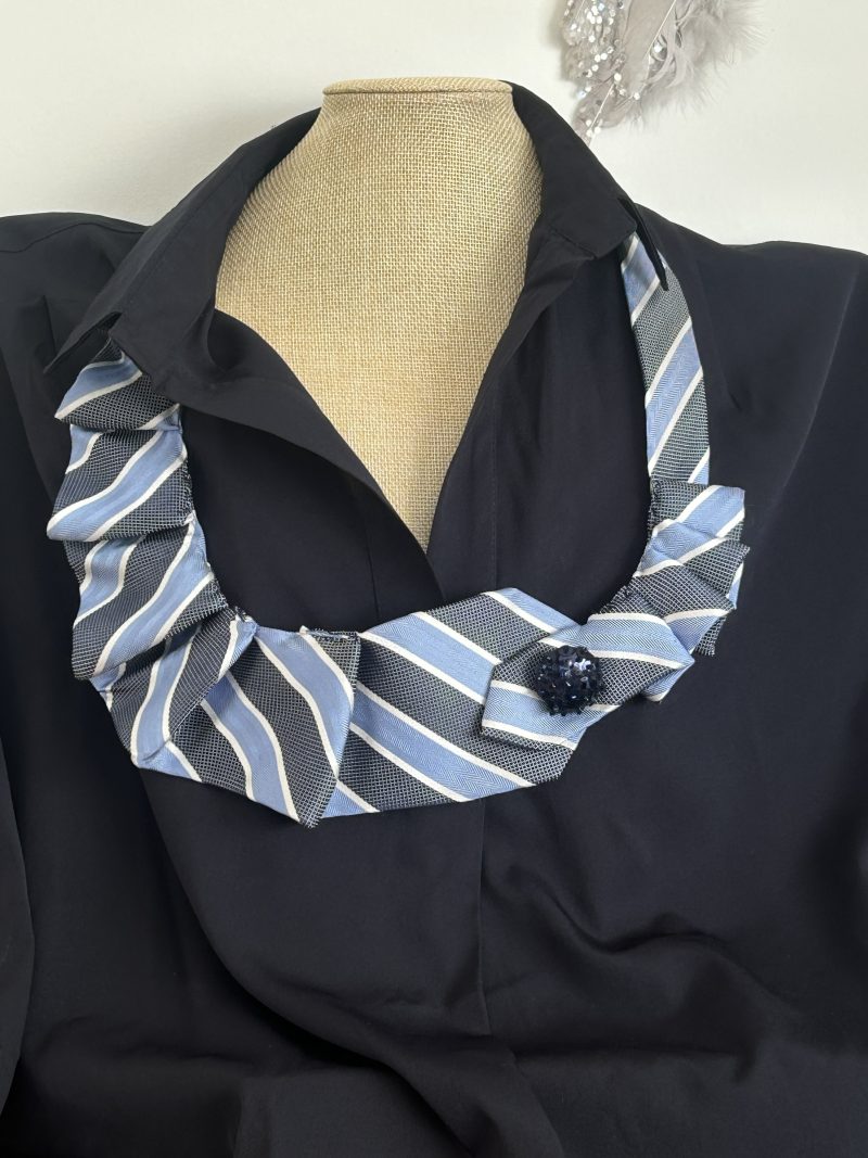 Handmade blue striped necktie necklace and ruffle collar created from upcycled tie.