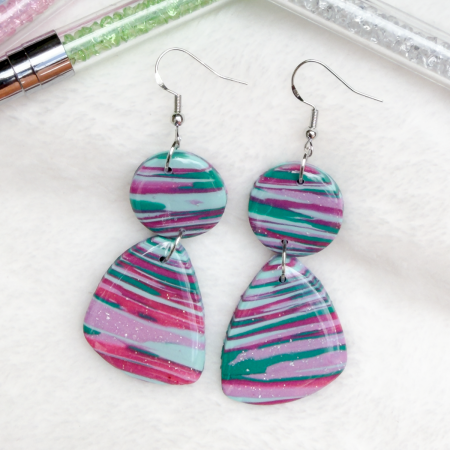 Double drop green and pink polymer clay earrings