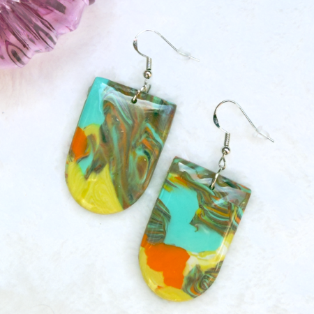 Multicoloured single drop 'shield' design earrings