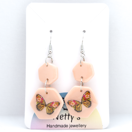 Peach butterfly Coloured 2 Tier polymer clay drop earrings