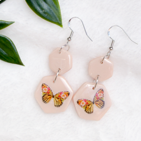 Peach butterfly Coloured 2 Tier polymer clay drop earrings