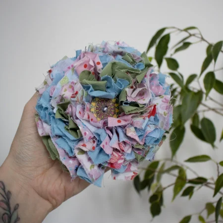 Handmade Blue, Green & Pink Fabric Flower Brooch | Bag Charm | Unique Badge