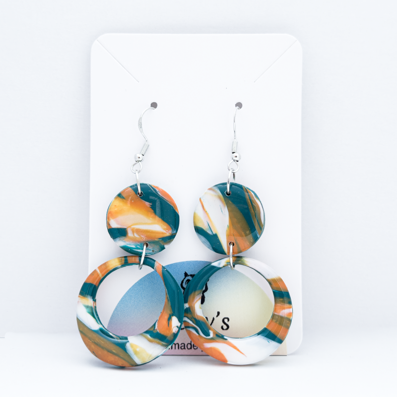 Orange, turquoise and white double drop hoop polymer earrings.