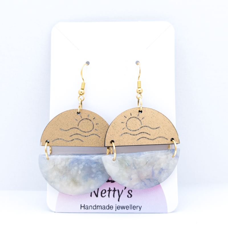 Misty blue 2 part semi circle polymer clay earrings