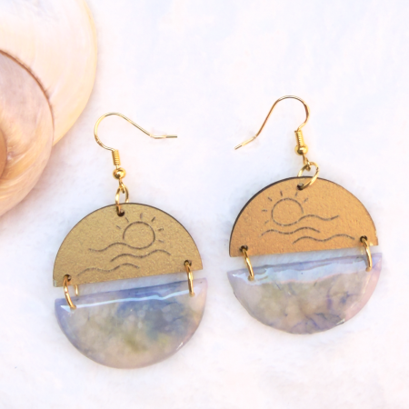 Misty blue 2 part semi circle polymer clay earrings