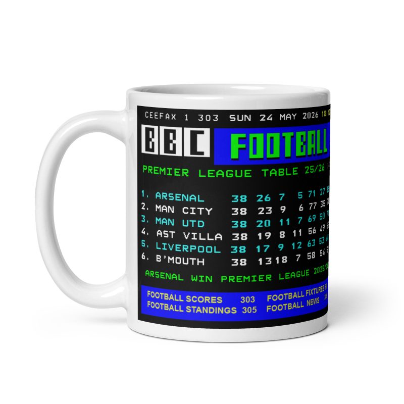 Arsenal League Winning Table Mug – White Ceramic 11oz Retro Teletext Design