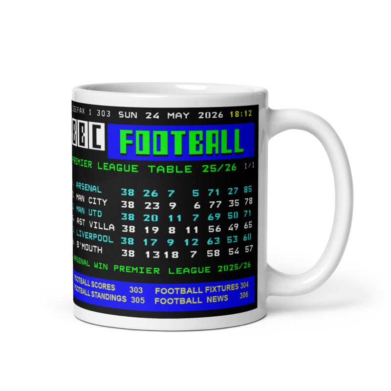 Arsenal League Winning Table Mug – White Ceramic 11oz Retro Teletext Design