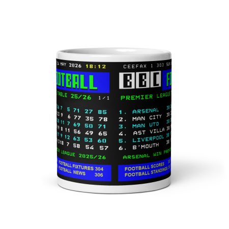 Arsenal League Winning Table Mug – White Ceramic 11oz Retro Teletext Design