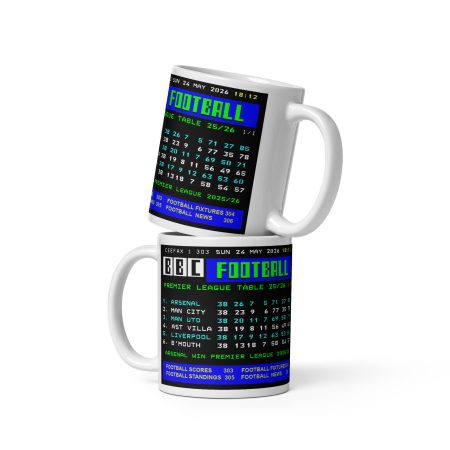 Arsenal League Winning Table Mug – White Ceramic 11oz Retro Teletext Design