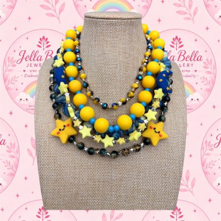 yellow and blue moon,star beaded kawaii necklace