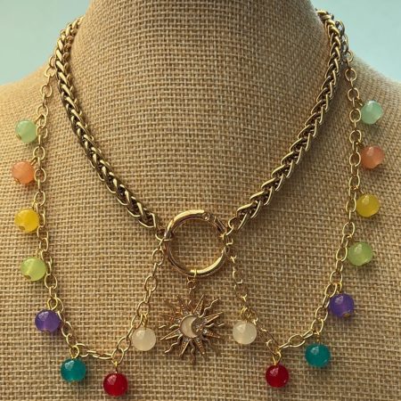 Boho style colourful beaded sun charm choker necklace