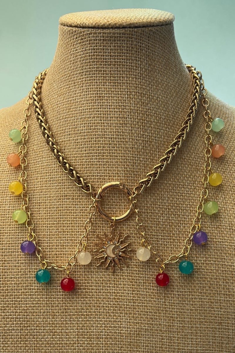 Boho style colourful beaded sun charm choker necklace