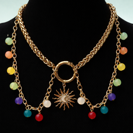 Boho style colourful beaded sun charm choker necklace