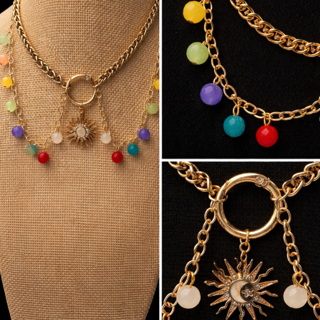 Boho style colourful beaded sun charm choker necklace