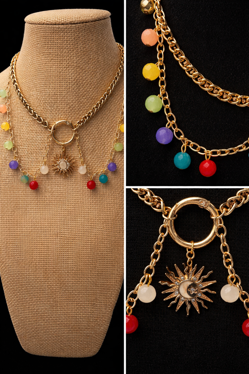 Boho style colourful beaded sun charm choker necklace