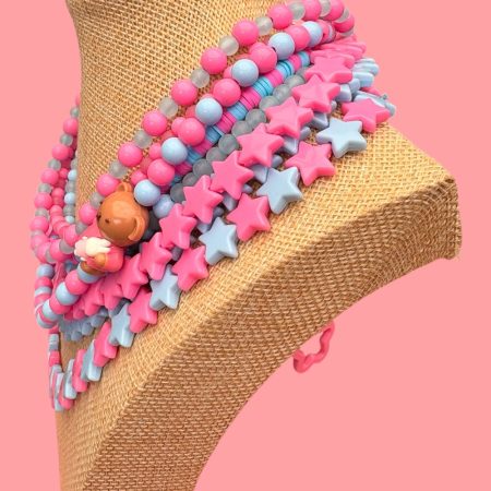 pink and blue star beaded bear detail maximalist kawaii necklace