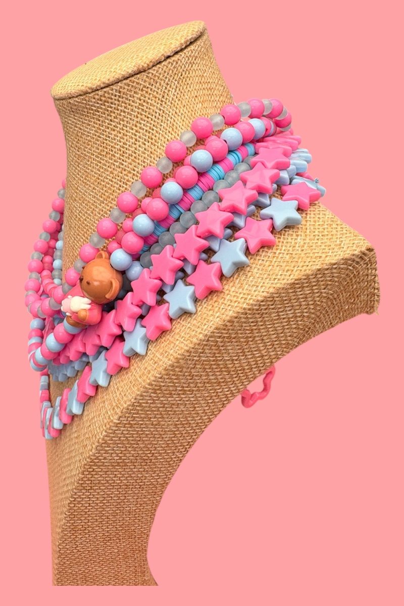 pink and blue star beaded bear detail maximalist kawaii necklace