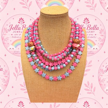 pink and blue star beaded bear detail maximalist kawaii necklace