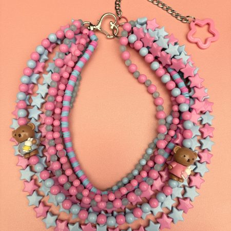 pink and blue star beaded bear detail maximalist kawaii necklace