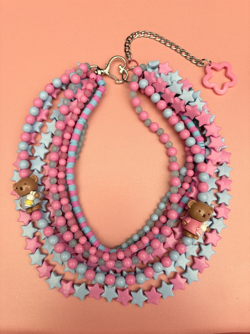pink and blue star beaded bear detail maximalist kawaii necklace