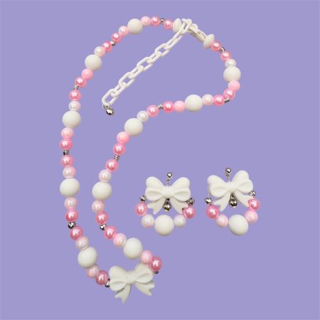 bow detail beaded faux pearl necklace and earrings set