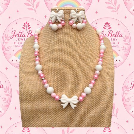 bow detail beaded faux pearl necklace and earrings set