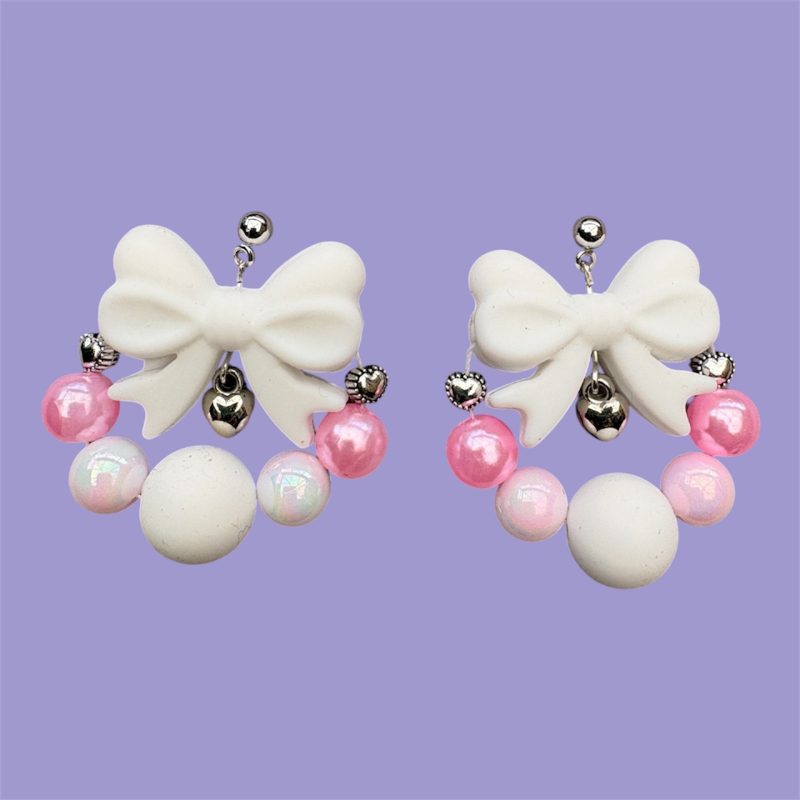 bow detail beaded faux pearl necklace and earrings set