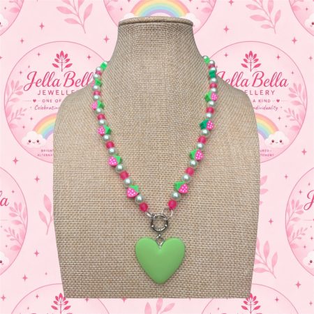 Pink and green strawberry themed beaded heart charm necklace