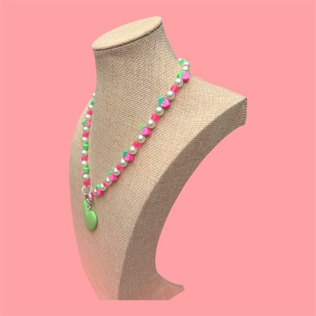 Pink and green strawberry themed beaded heart charm necklace