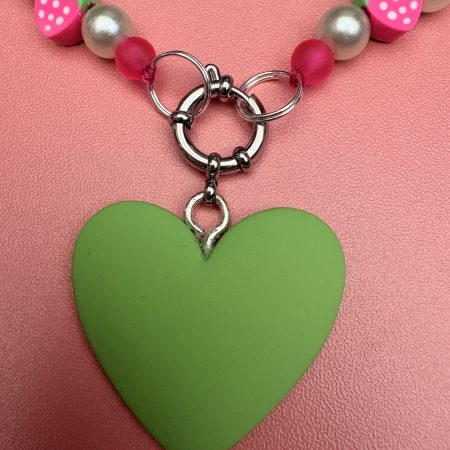 Pink and green strawberry themed beaded heart charm necklace