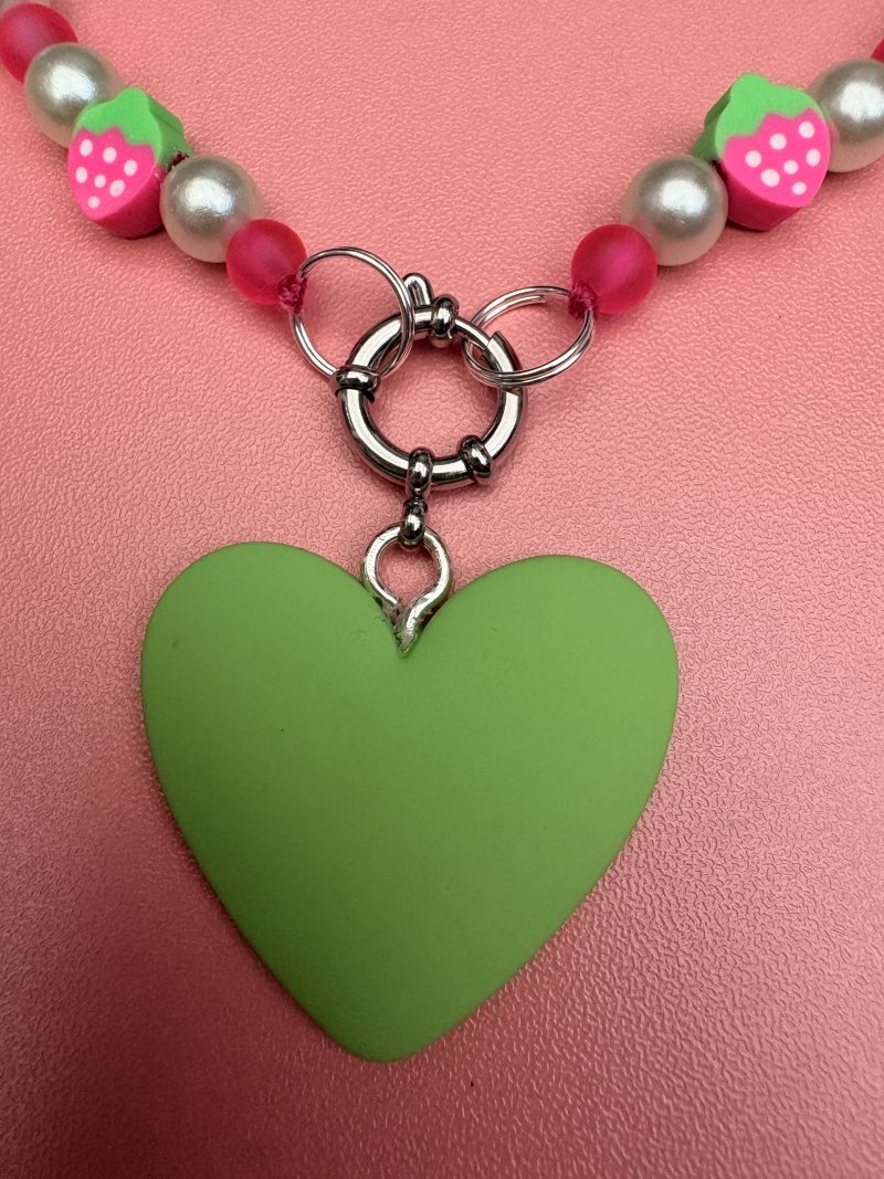 Pink and green strawberry themed beaded heart charm necklace