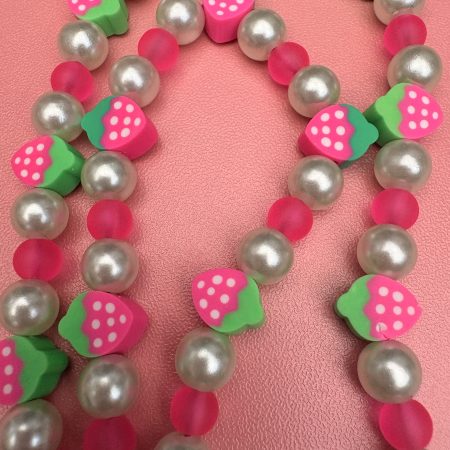 Pink and green strawberry themed beaded heart charm necklace
