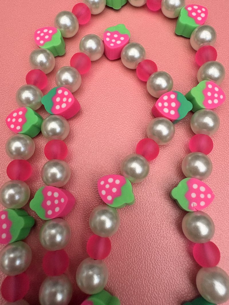 Pink and green strawberry themed beaded heart charm necklace