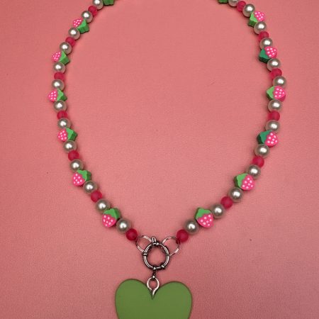 Pink and green strawberry themed beaded heart charm necklace