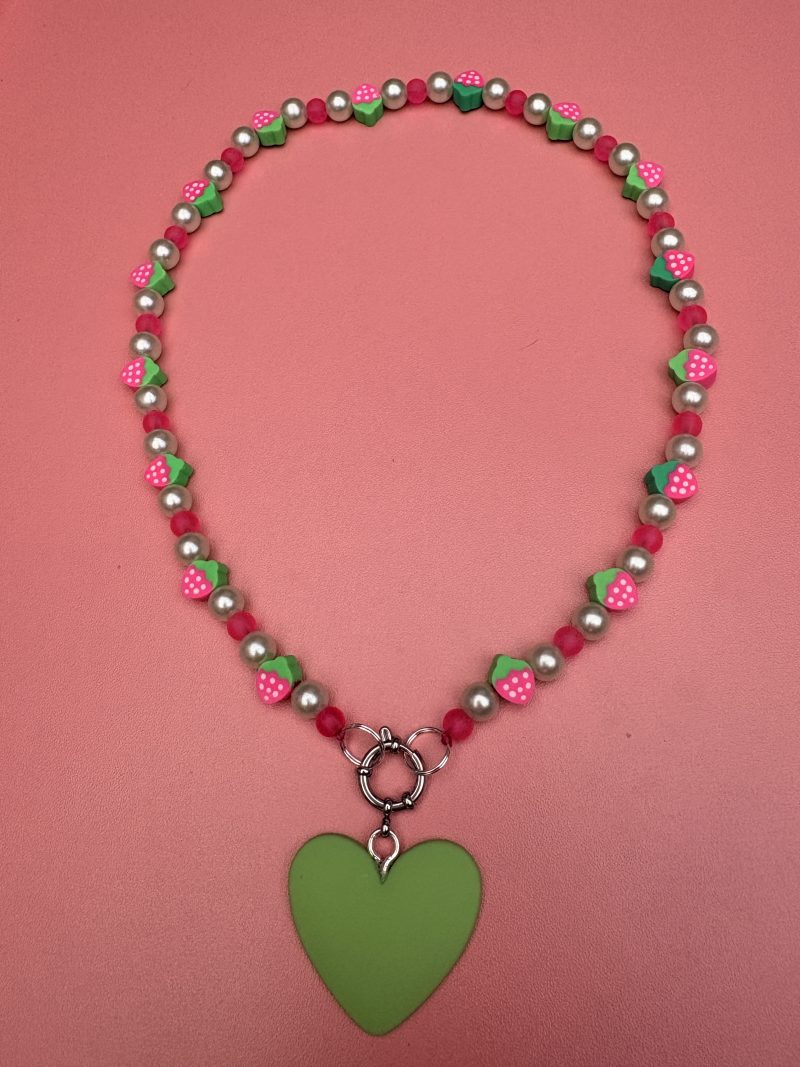 Pink and green strawberry themed beaded heart charm necklace