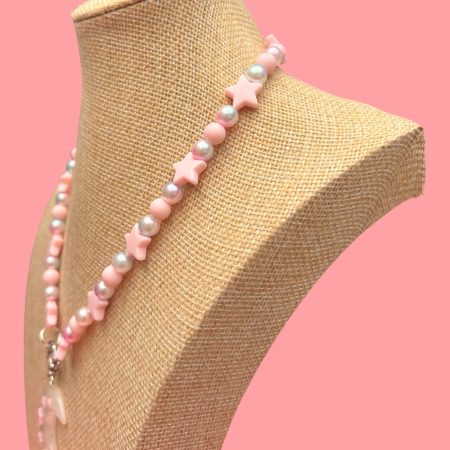 Pastel pink star & faux pearl beaded crescent moon charm necklace