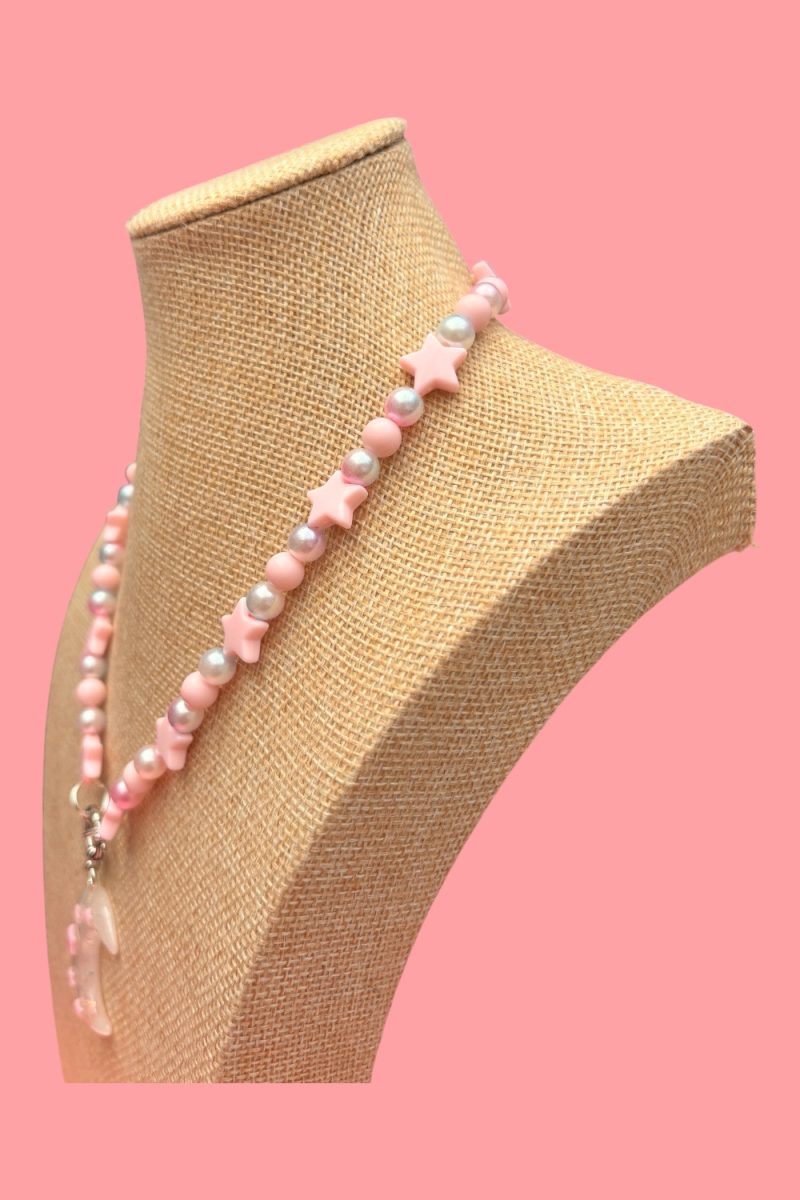 Pastel pink star & faux pearl beaded crescent moon charm necklace