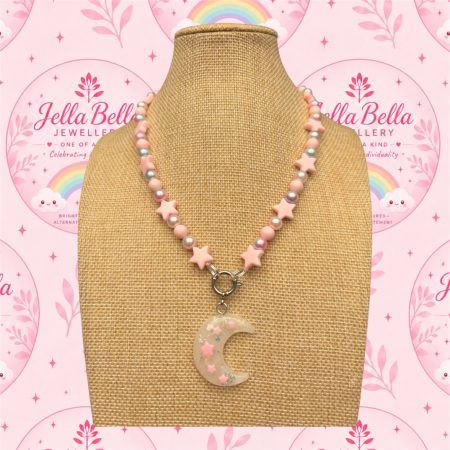 Pastel pink star & faux pearl beaded crescent moon charm necklace