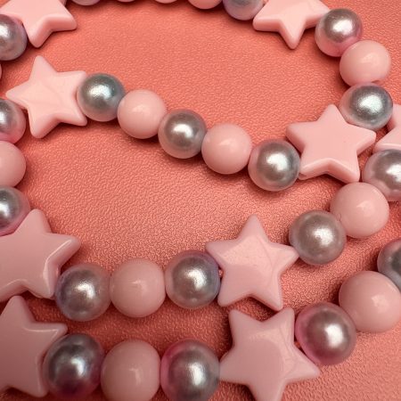 Pastel pink star & faux pearl beaded crescent moon charm necklace