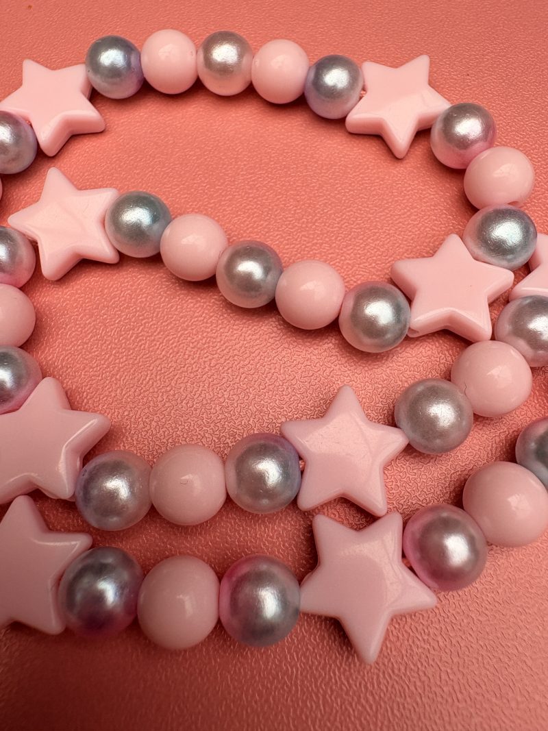 Pastel pink star & faux pearl beaded crescent moon charm necklace
