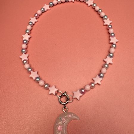 Pastel pink star & faux pearl beaded crescent moon charm necklace