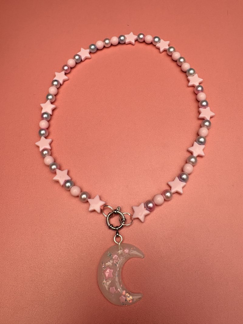 Pastel pink star & faux pearl beaded crescent moon charm necklace